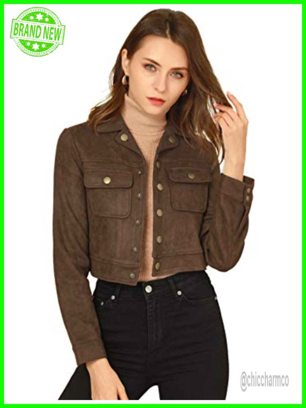 Faux Suede Crop Jacket Button Down Notched Collar Casual Short Coat